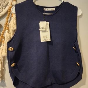 Zara Navy Sleeveless Top with Gold Buttons